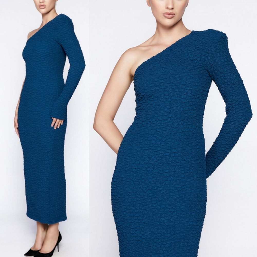 🔥Bardot Teal Crinkle One Sleeve Stretchy Bodycon Maxi Long Dress